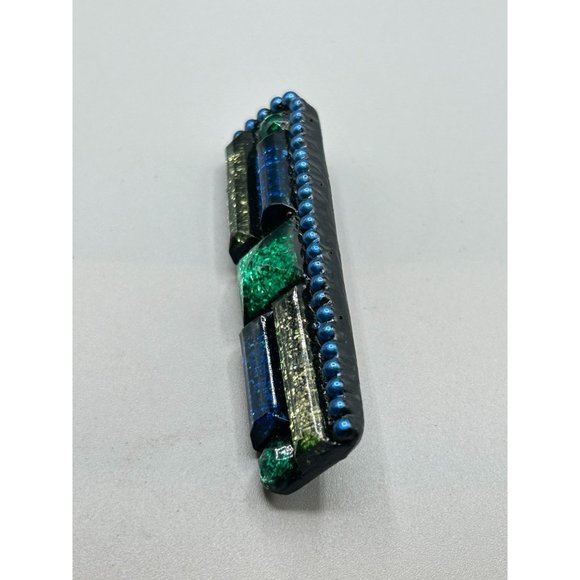 90s Handcrafted Brooch Blue and Green Glittery Pin Rectangle Geometric Design - Picture 2 of 7